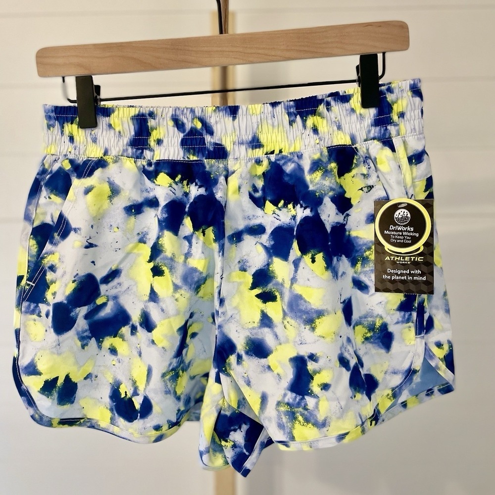 Athletic Works Womens Blue Lime Tie Dye DriWorks Running Shorts Pocket NEW M
